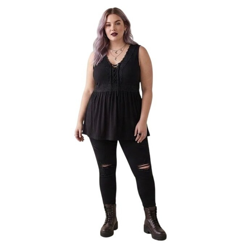 Torrid Black Babydoll Top 4X Plus Sleeveless Ribbed Lace Trim Boho Gothic New